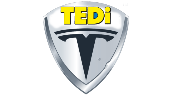 Die Logos von Tesla und Tedi kombiniert